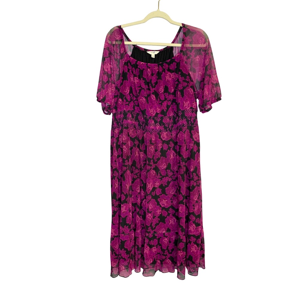Terra & Sky 1X Purple‎ Floral Sheer Overlay Midi Dress Plus Size Women